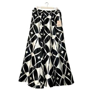 NWT HER Destiny Quatrefoil Long Silky A-Line Skirt with Sash Black White Medium